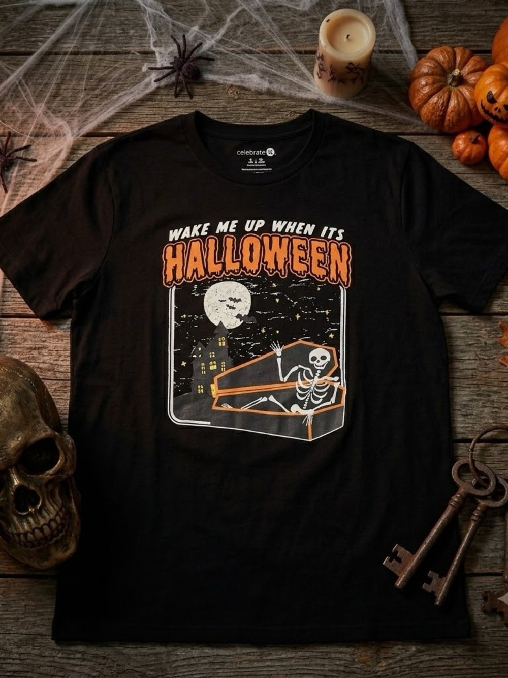 Celebrate It Black Halloween Skeleton Coffin Graphic Tee - Black & Orange